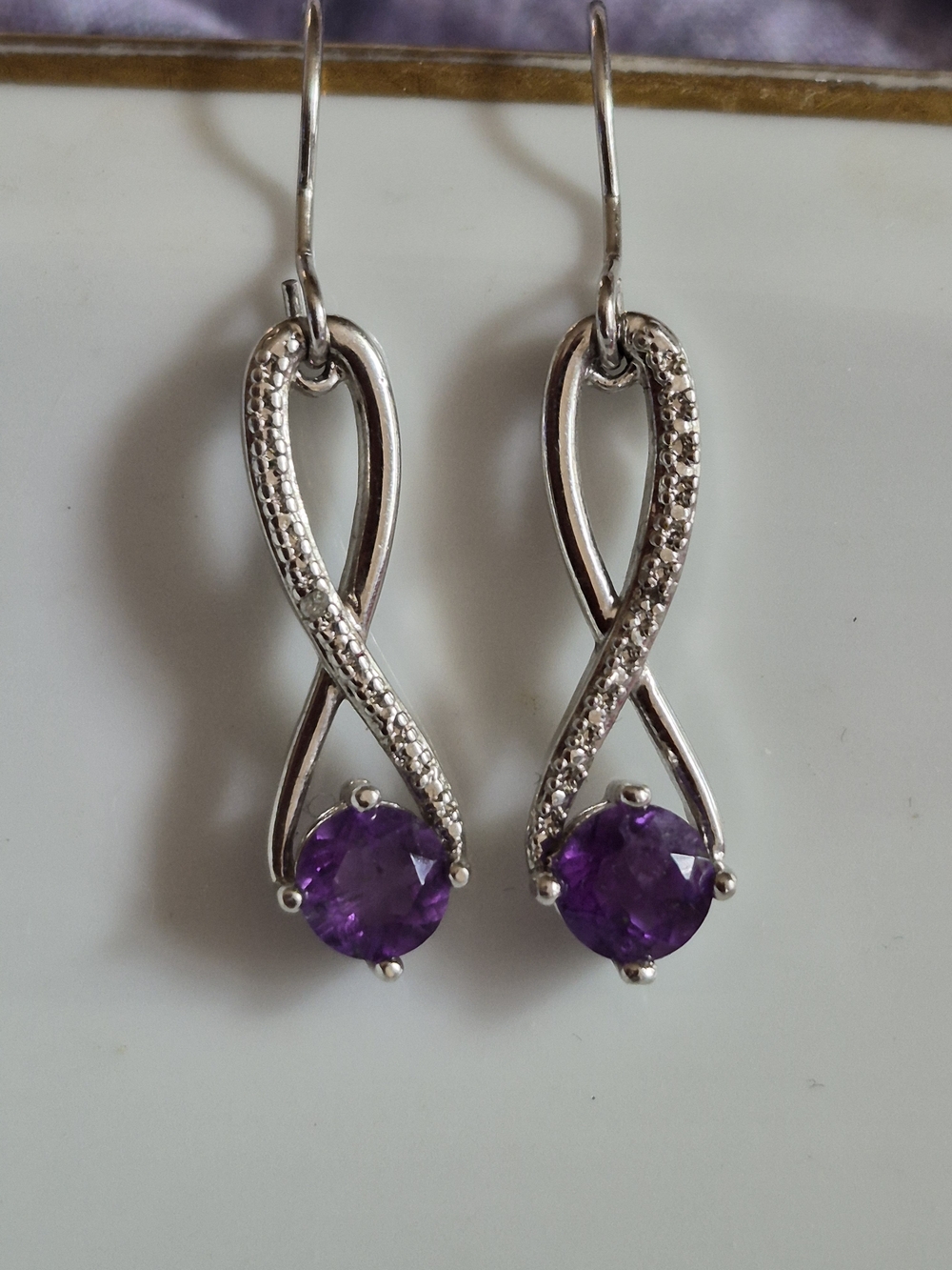 Vintage Princess Cut Infinity Amethyst Diamond Drop Sterling Silver Earrings